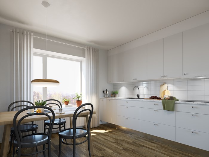 Interiörbild av ett kök från en av våra nyproducerade bostadsrätter i Kvarteret Tuvebo i Göteborg. köksinredning från vedum. 